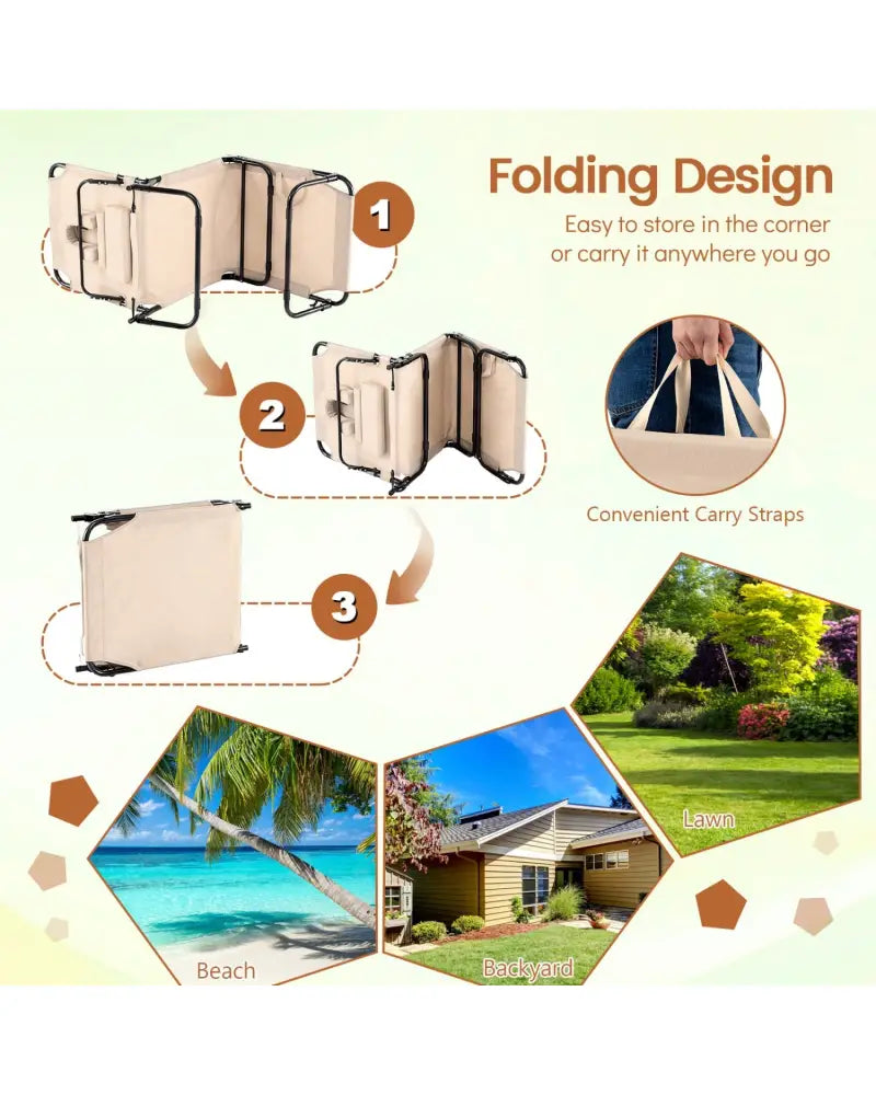 Folding Face Down Tanning Chair with Face Hole 3 Removable Pillows-Beige - Beige - Outdoor Chaise Lounges