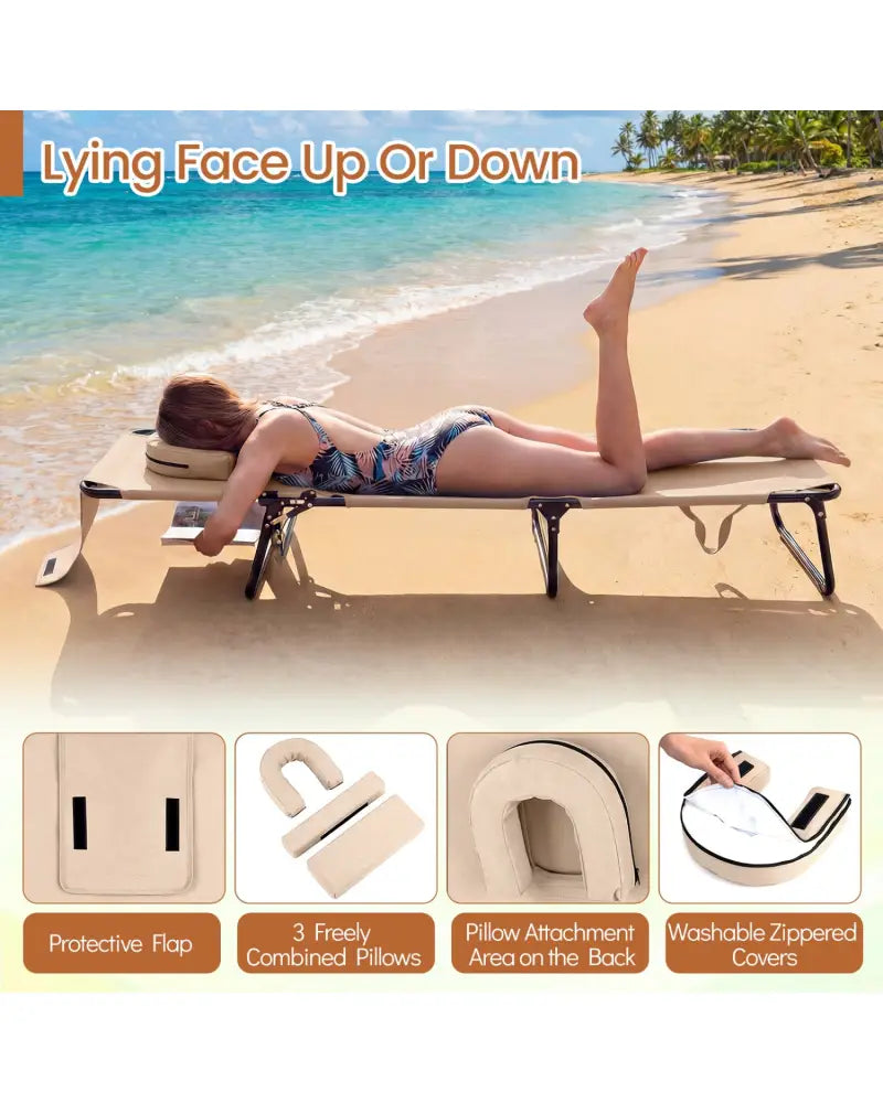 Folding Face Down Tanning Chair with Face Hole 3 Removable Pillows-Beige - Beige - Outdoor Chaise Lounges