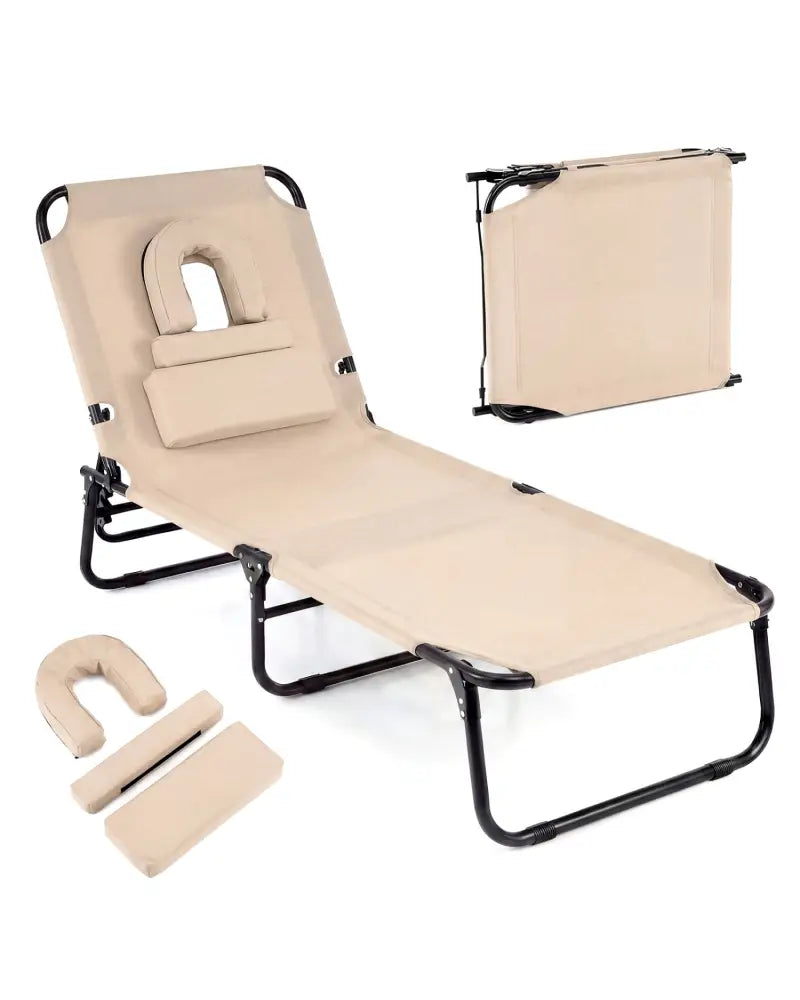 Folding Face Down Tanning Chair with Face Hole 3 Removable Pillows-Beige - Beige - Outdoor Chaise Lounges
