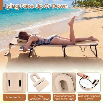 Folding Face Down Tanning Chair with Face Hole 3 Removable Pillows-Beige - Beige - Beach & Lawn Chairs