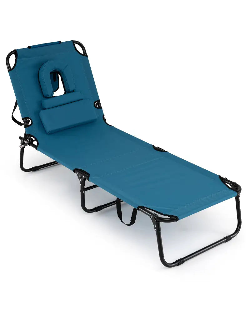 Folding Face Down Tanning Chair with Face Hole 3 Removable Pillows-Blue - Blue - Outdoor Chaise Lounges