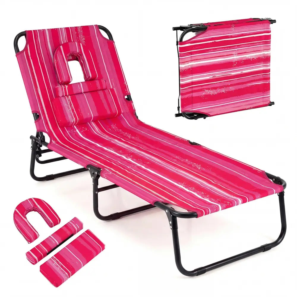 Folding Face Down Tanning Chair with Face Hole 3 Removable Pillows-Pink Stripe - Pink Stripe - Outdoor Chaise Lounges