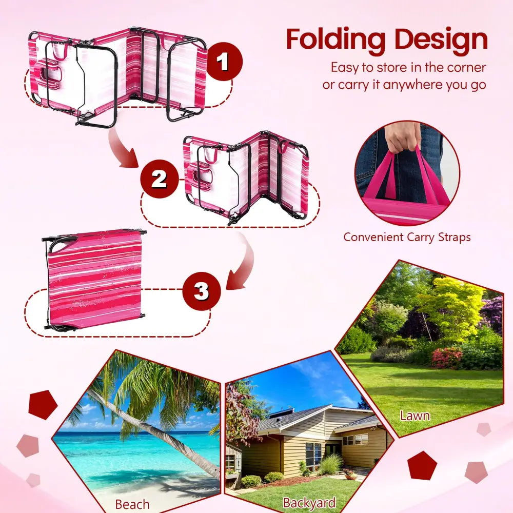 Folding Face Down Tanning Chair with Face Hole 3 Removable Pillows-Pink Stripe - Pink Stripe - Outdoor Chaise Lounges