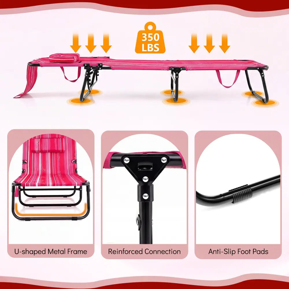 Folding Face Down Tanning Chair with Face Hole 3 Removable Pillows-Pink Stripe - Pink Stripe - Outdoor Chaise Lounges