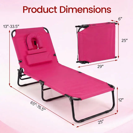Folding Face Down Tanning Chair with Face Hole 3 Removable Pillows-Pink - Pink - Beach & Lawn Chairs