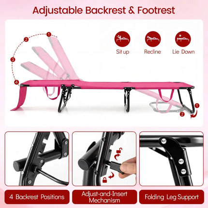 Folding Face Down Tanning Chair with Face Hole 3 Removable Pillows-Pink - Pink - Beach & Lawn Chairs