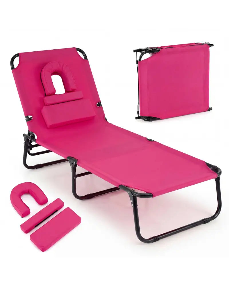 Folding Face Down Tanning Chair with Face Hole 3 Removable Pillows-Pink - Pink - Outdoor Chaise Lounges