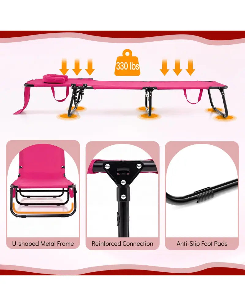 Folding Face Down Tanning Chair with Face Hole 3 Removable Pillows-Pink - Pink - Outdoor Chaise Lounges