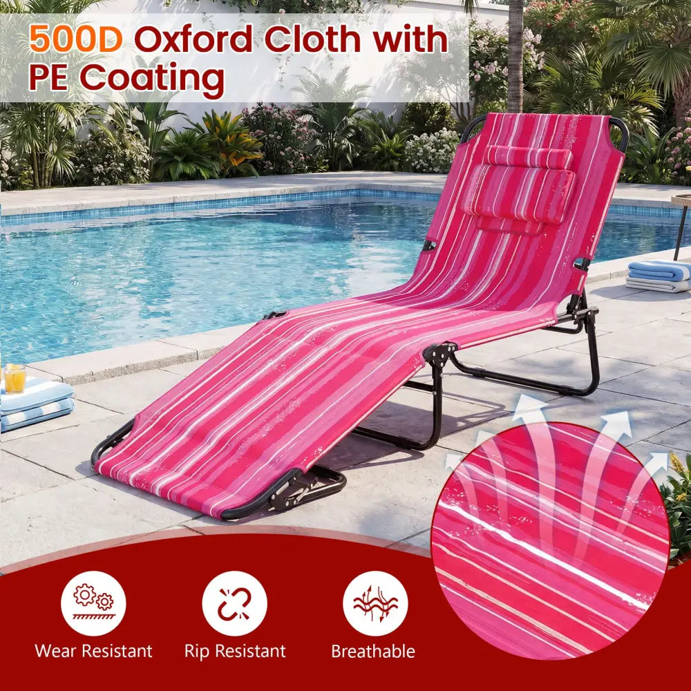 Folding Face Down Tanning Chair with Face Hole 3 Removable Pillows-Pink Stripe - Pink Stripe - Outdoor Chaise Lounges