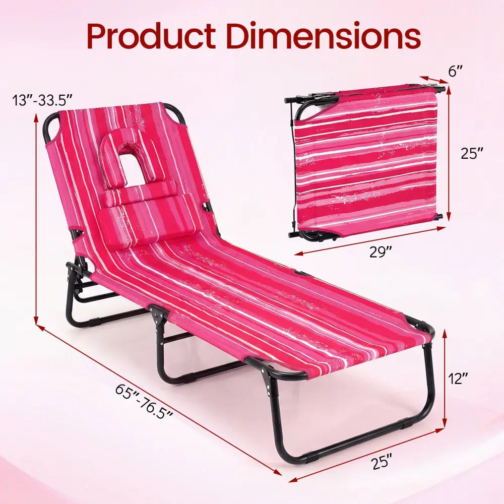 Folding Face Down Tanning Chair with Face Hole 3 Removable Pillows-Pink Stripe - Pink Stripe - Outdoor Chaise Lounges