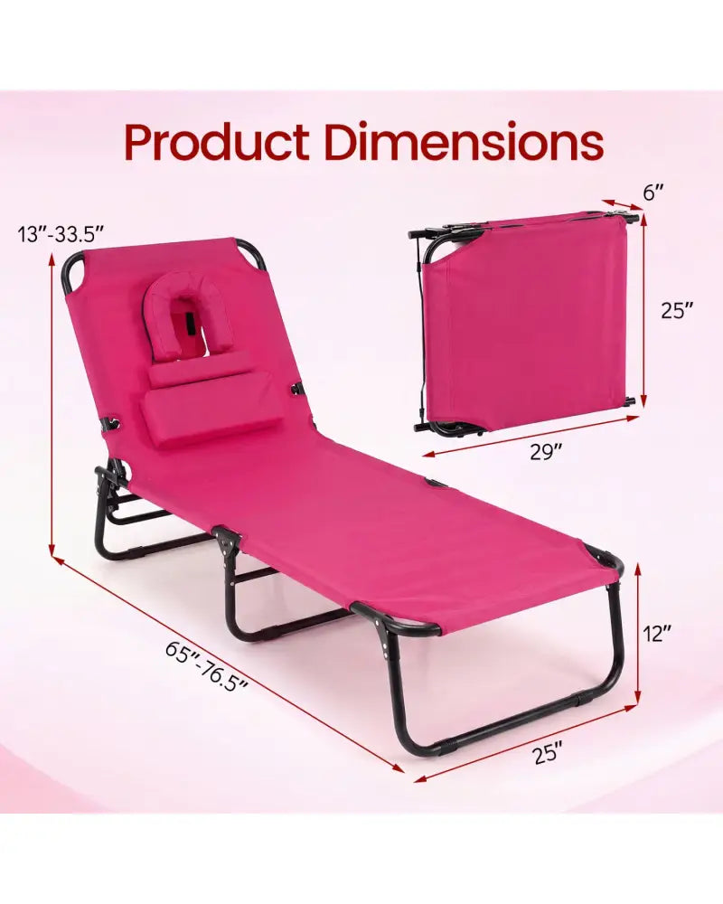 Folding Face Down Tanning Chair with Face Hole 3 Removable Pillows-Pink - Pink - Outdoor Chaise Lounges