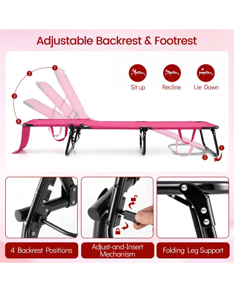 Folding Face Down Tanning Chair with Face Hole 3 Removable Pillows-Pink - Pink - Outdoor Chaise Lounges