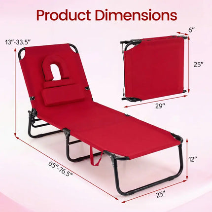 Folding Face Down Tanning Chair with Face Hole 3 Removable Pillows-Red - Red - Beach & Lawn Chairs