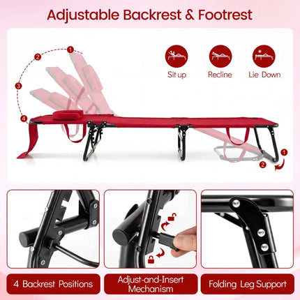 Folding Face Down Tanning Chair with Face Hole 3 Removable Pillows-Red - Red - Beach & Lawn Chairs