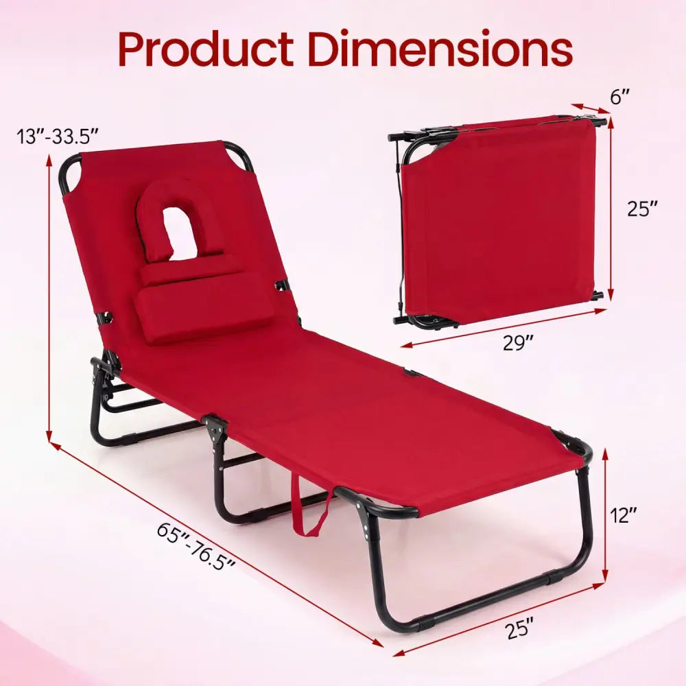 Folding Face Down Tanning Chair with Face Hole 3 Removable Pillows-Red - Red - Outdoor Chaise Lounges