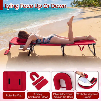 Folding Face Down Tanning Chair with Face Hole 3 Removable Pillows-Red - Red - Beach & Lawn Chairs
