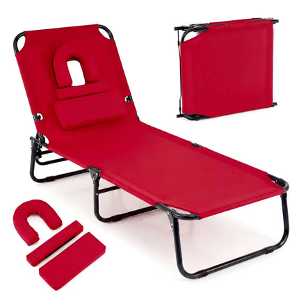 Folding Face Down Tanning Chair with Face Hole 3 Removable Pillows-Red - Red - Beach & Lawn Chairs