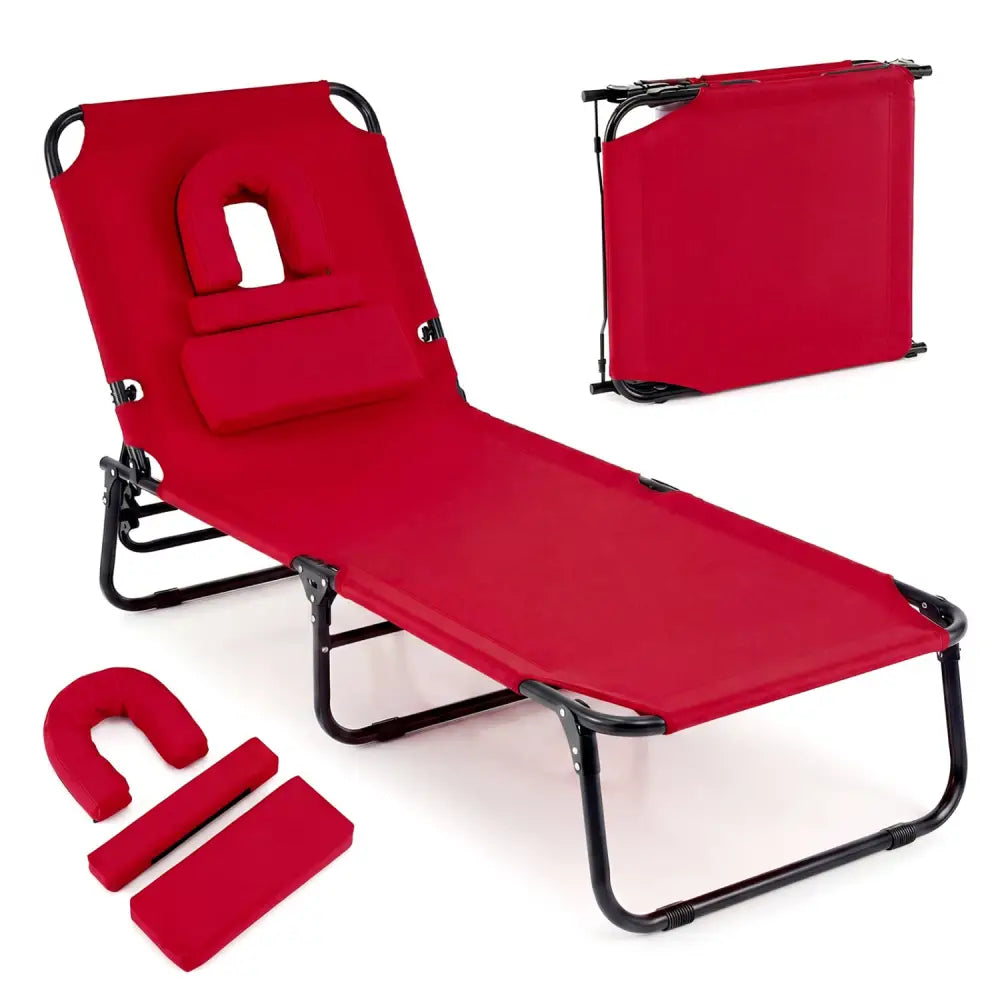 Folding Face Down Tanning Chair with Face Hole 3 Removable Pillows-Red - Red - Outdoor Chaise Lounges
