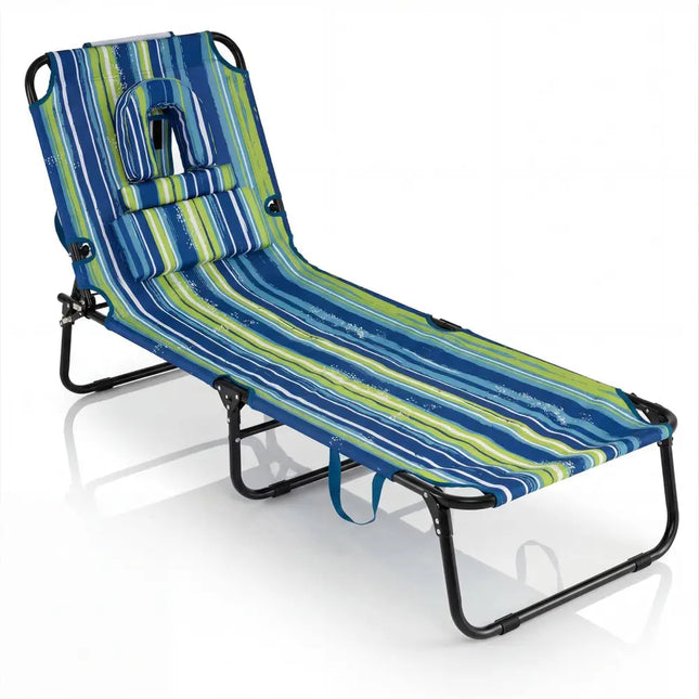 Folding Face Down Tanning Chair with Face Hole 3 Removable PillowsBlue Stripe - Blue & Green - Beach & Lawn Chairs