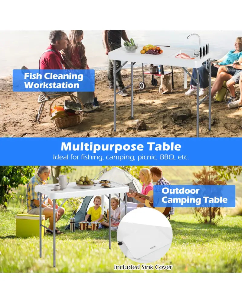 Folding Fish Cleaning Table with Rotatable Faucet & Drainage Hose for Fishing - Camping Furniture