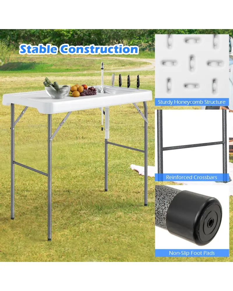 Folding Fish Cleaning Table with Rotatable Faucet & Drainage Hose for Fishing - Camping Furniture