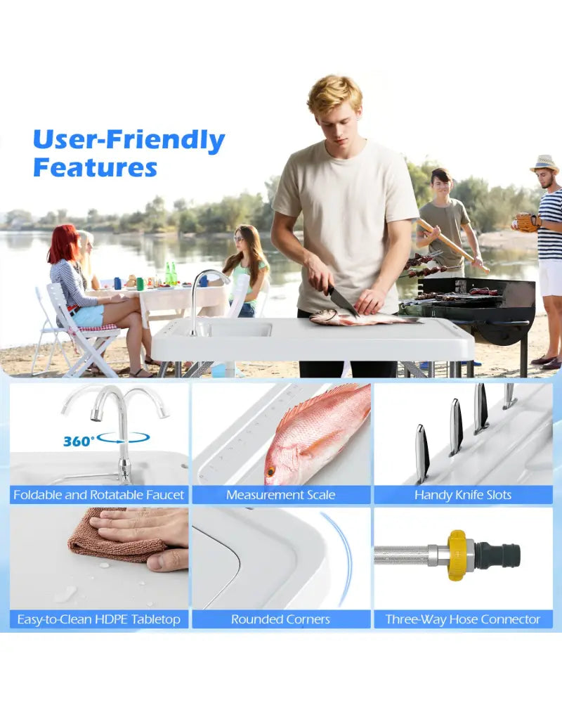 Folding Fish Cleaning Table with Rotatable Faucet & Drainage Hose for Fishing - Camping Furniture