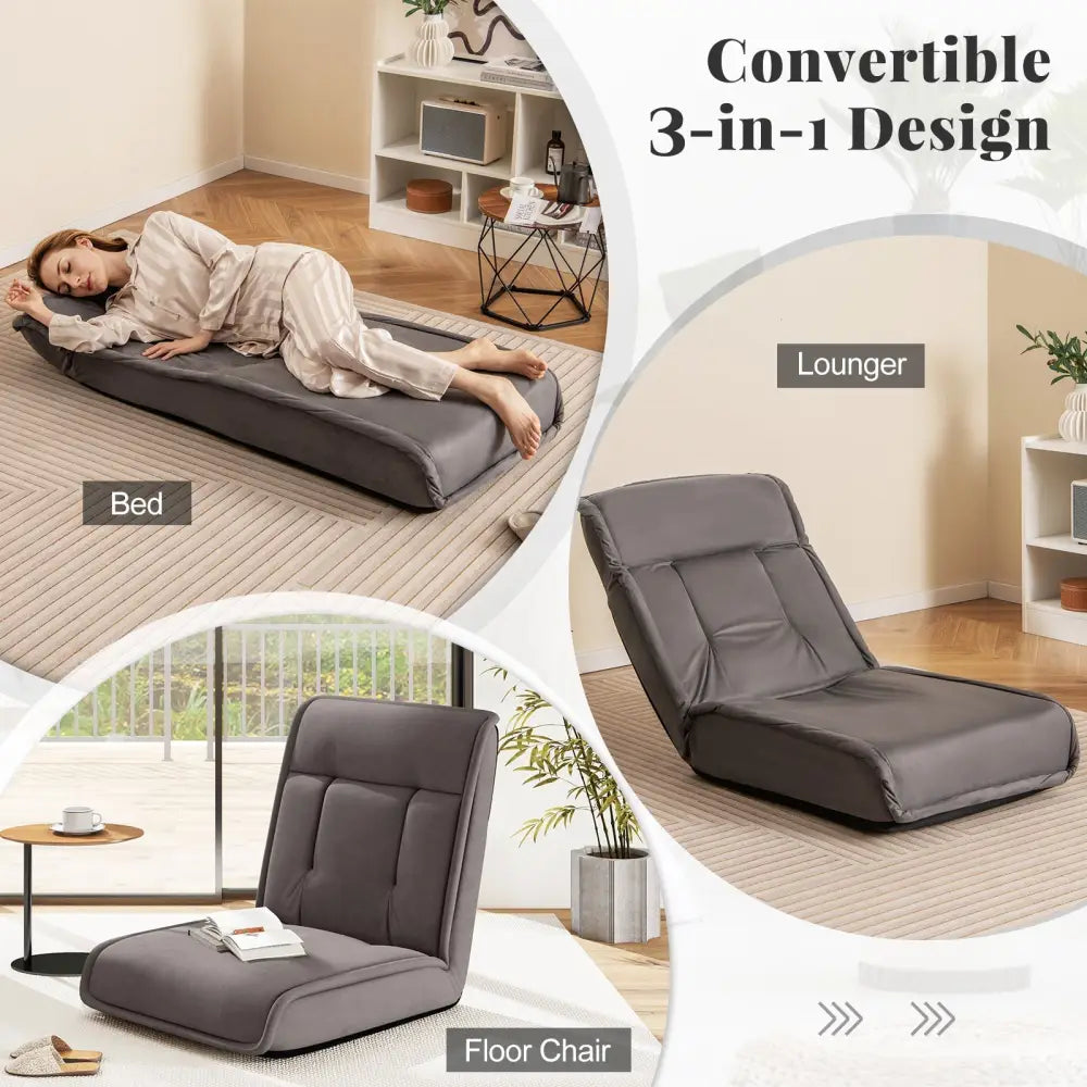 Folding Floor Chair Convertible Lazy Chair with 14-Poistion Adjustable Backrest-Gray - Gray - Floor Chairs