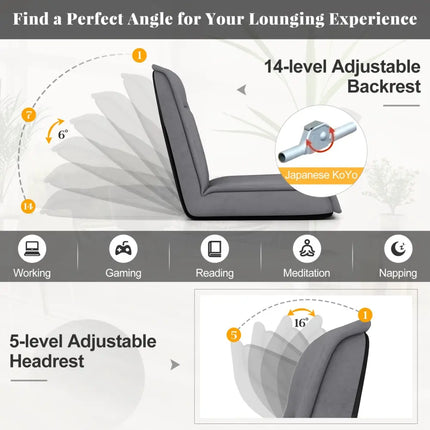 Folding Floor Chair Convertible Lazy Chair with 14-Poistion Adjustable Backrest-Gray - Gray - Floor Chairs