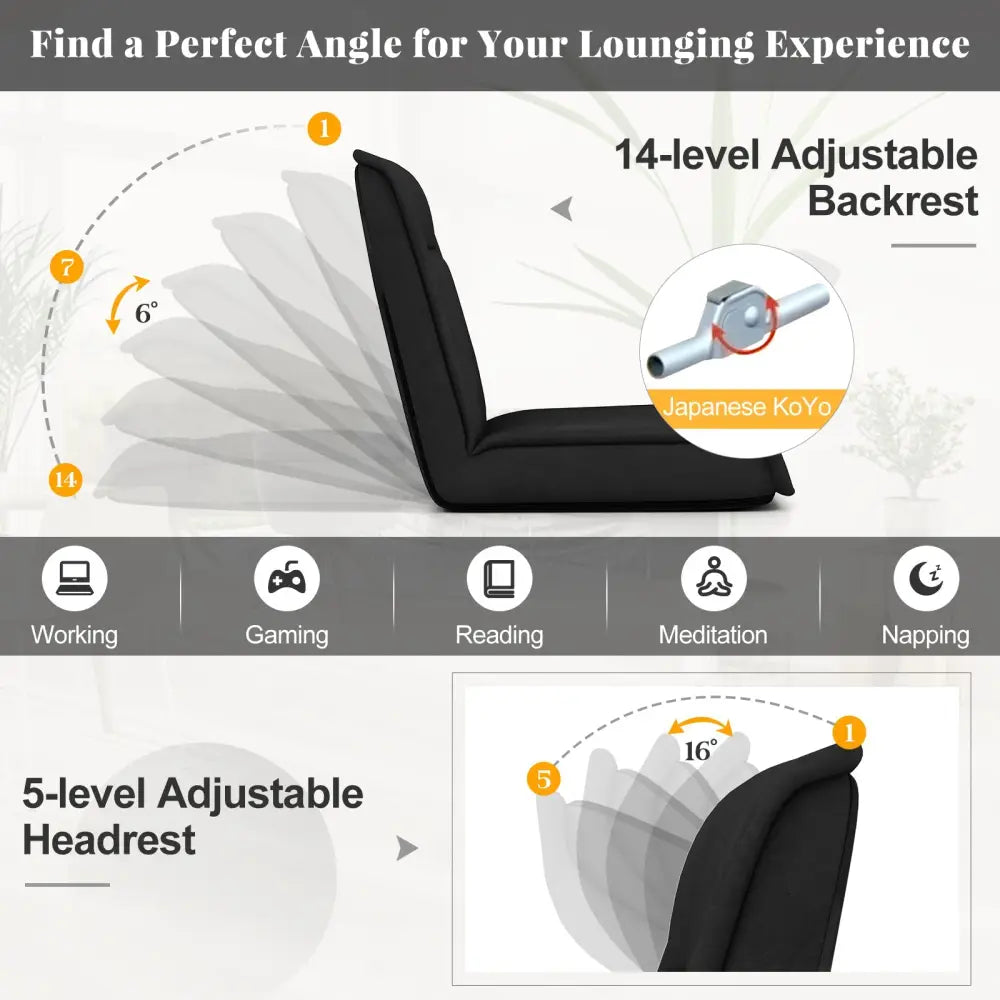 Folding Floor Chair Convertible Lazy Chair with 14-Poistion Adjustable Backrest-Black - Black - Floor Chairs