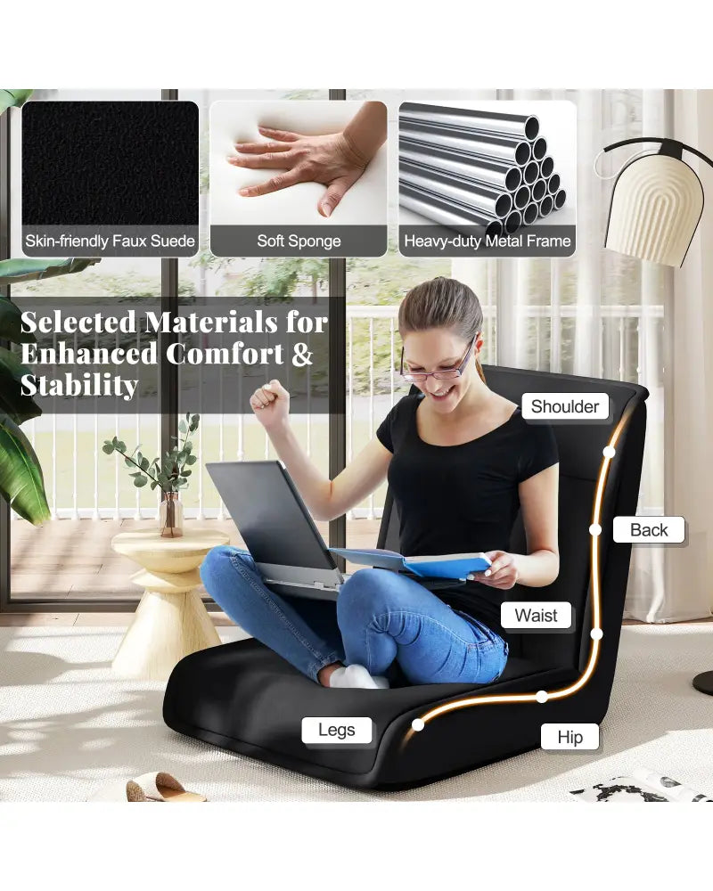 Folding Floor Chair Convertible Lazy Chair with 14-Poistion Adjustable Backrest-Black - Black - Floor Chairs