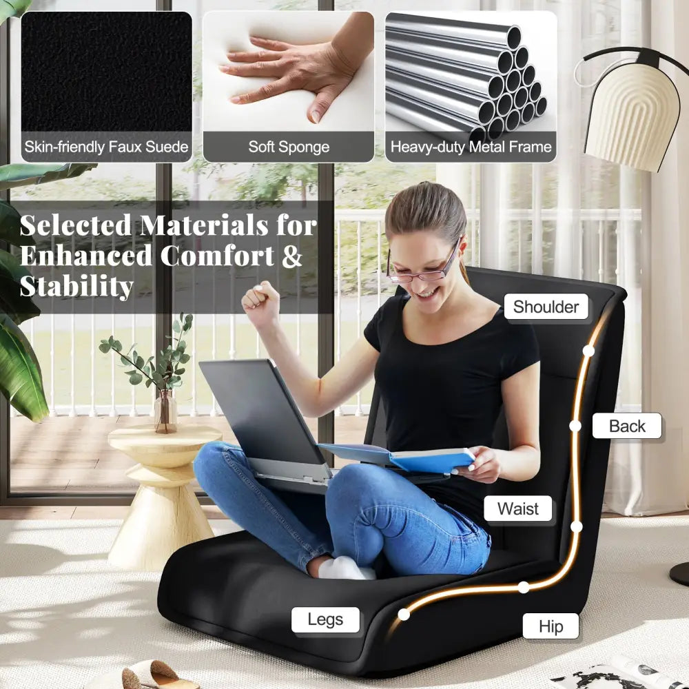 Folding Floor Chair Convertible Lazy Chair with 14-Poistion Adjustable Backrest-Black - Black - Floor Chairs