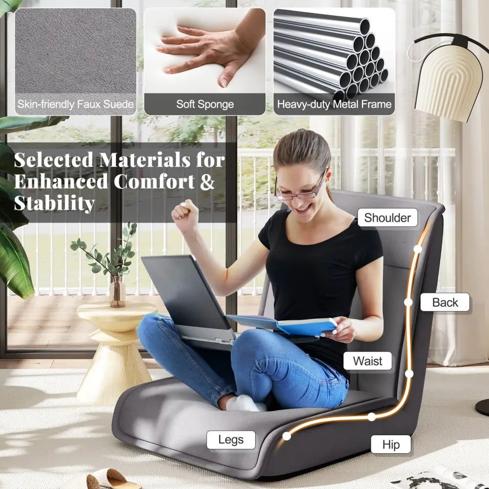 Folding Floor Chair Convertible Lazy Chair with 14-Poistion Adjustable Backrest-Gray - Gray - Floor Chairs
