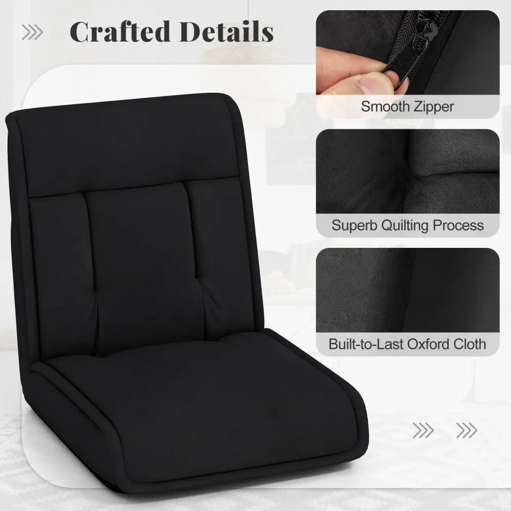 Folding Floor Chair Convertible Lazy Chair with 14-Poistion Adjustable Backrest-Black - Black - Floor Chairs