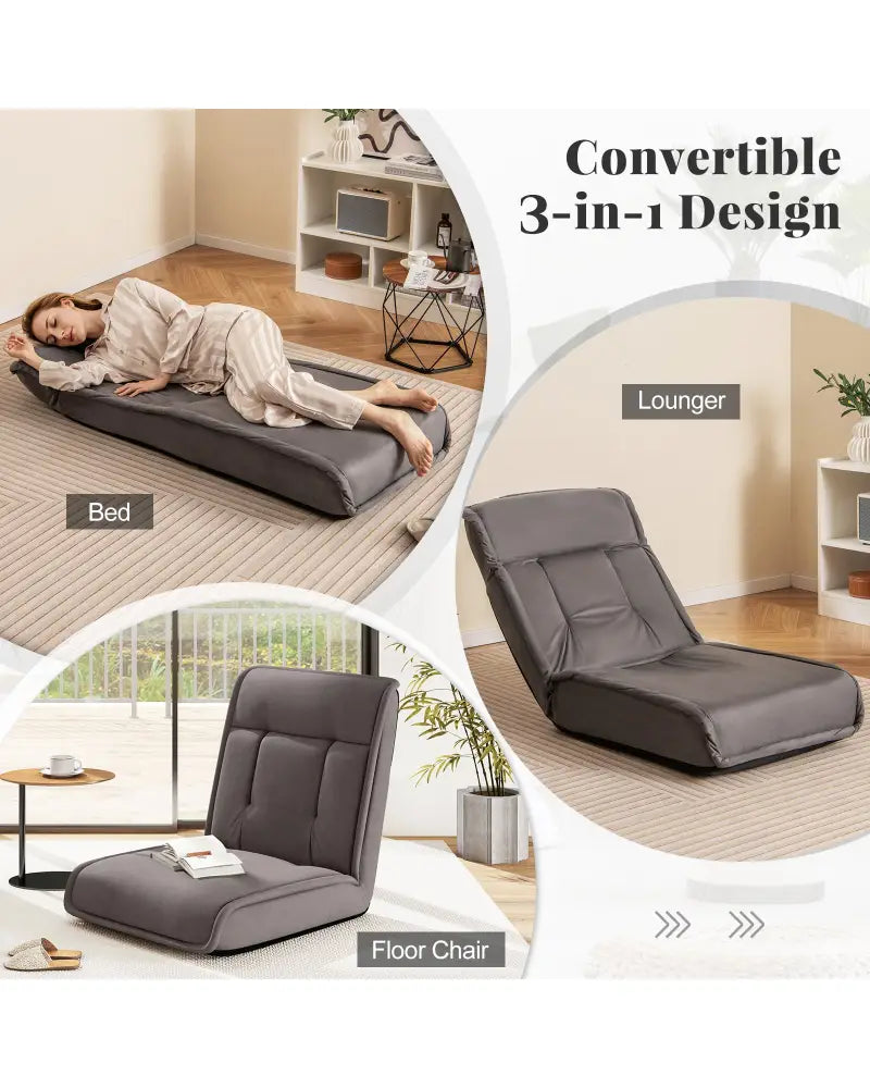 Folding Floor Chair Convertible Lazy Chair with 14-Poistion Adjustable Backrest-Gray - Gray - Floor Chairs