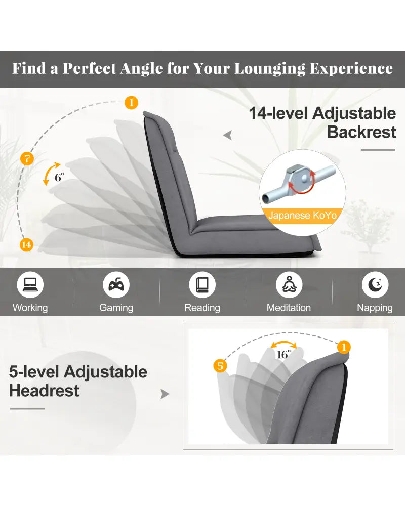 Folding Floor Chair Convertible Lazy Chair with 14-Poistion Adjustable Backrest-Gray - Gray - Floor Chairs
