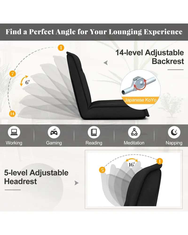 Folding Floor Chair Convertible Lazy Chair with 14-Poistion Adjustable Backrest-Black - Black - Floor Chairs