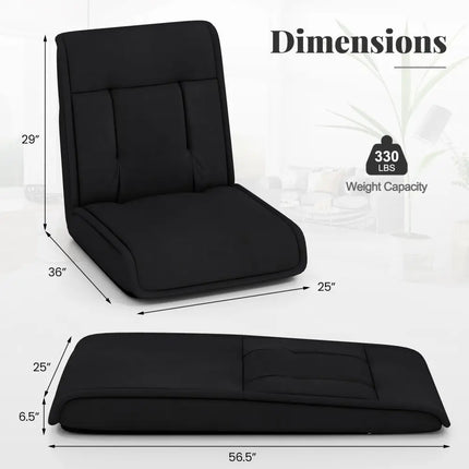 Folding Floor Chair Convertible Lazy Chair with 14-Poistion Adjustable Backrest-Black - Black - Floor Chairs