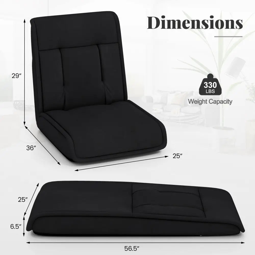 Folding Floor Chair Convertible Lazy Chair with 14-Poistion Adjustable Backrest-Black - Black - Floor Chairs