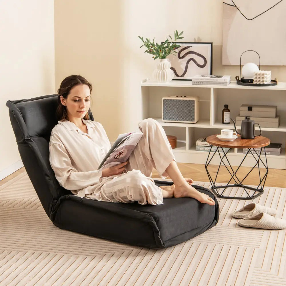 Folding Floor Chair Convertible Lazy Chair with 14-Poistion Adjustable Backrest-Black - Black - Floor Chairs
