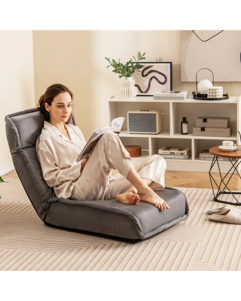 Folding Floor Chair Convertible Lazy Chair with 14-Poistion Adjustable Backrest-Gray - Gray - Floor Chairs
