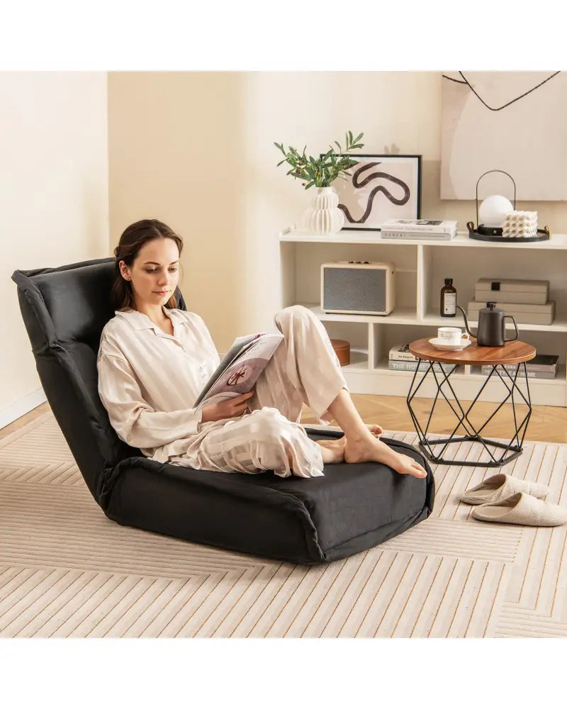 Folding Floor Chair Convertible Lazy Chair with 14-Poistion Adjustable Backrest-Black - Black - Floor Chairs