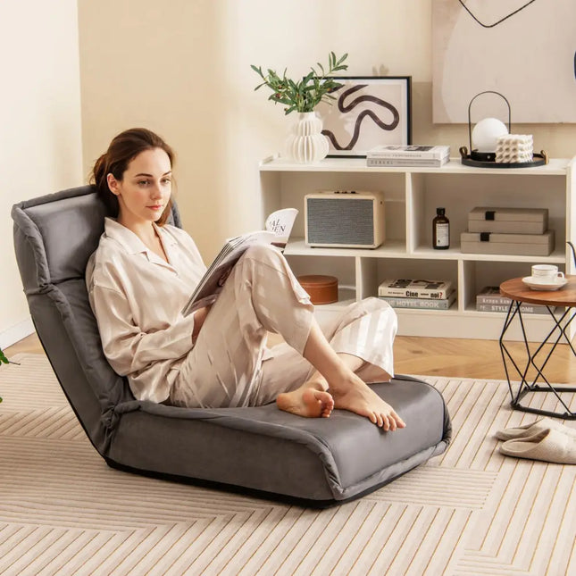 Folding Floor Chair Convertible Lazy Chair with 14-Poistion Adjustable Backrest-Gray - Gray - Floor Chairs