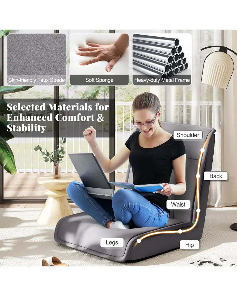 Folding Floor Chair Convertible Lazy Chair with 14-Poistion Adjustable Backrest-Gray - Gray - Floor Chairs