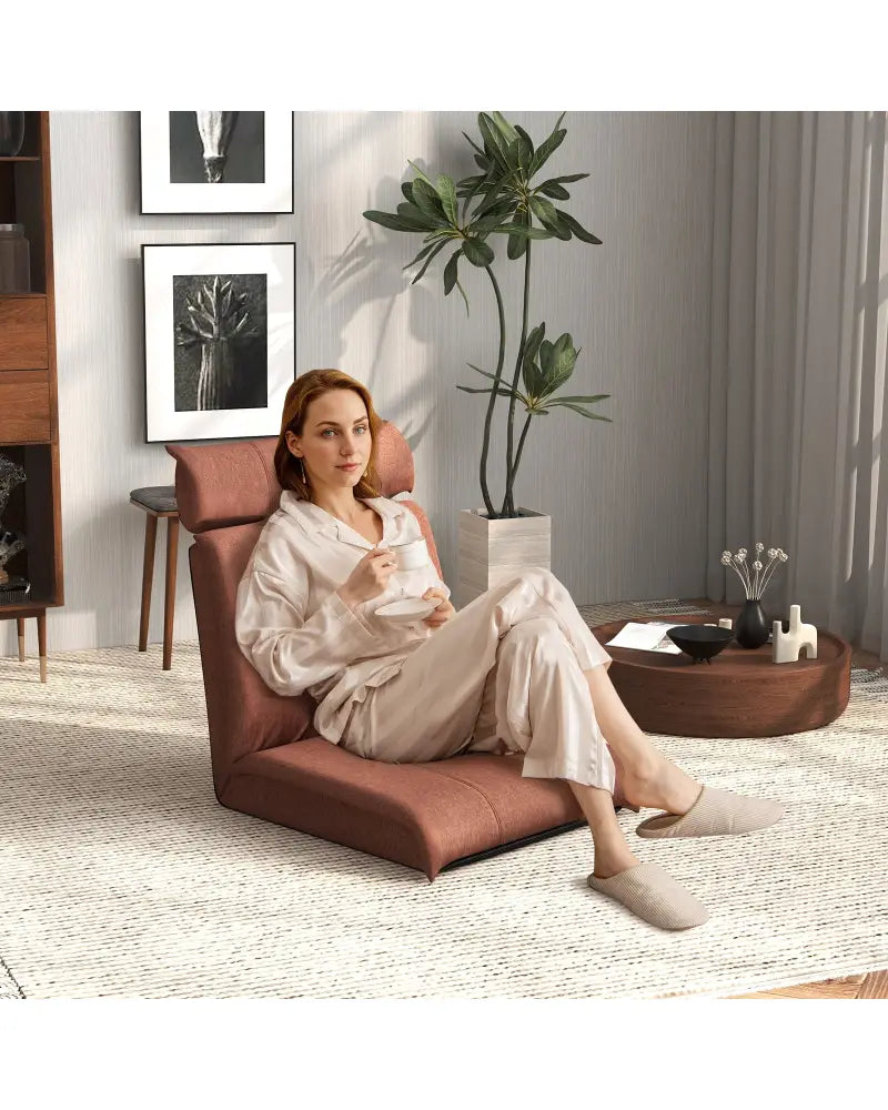 Folding Floor Chair with 14-Poistion Adjustable Backrest and 5-Position Adjustable Headrest-Brown - Brown - Floor Chairs