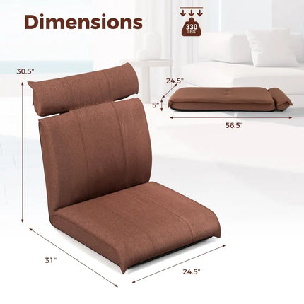 Folding Floor Chair with 14-Poistion Adjustable Backrest and 5-Position Adjustable Headrest-Brown - Brown - Floor Chairs