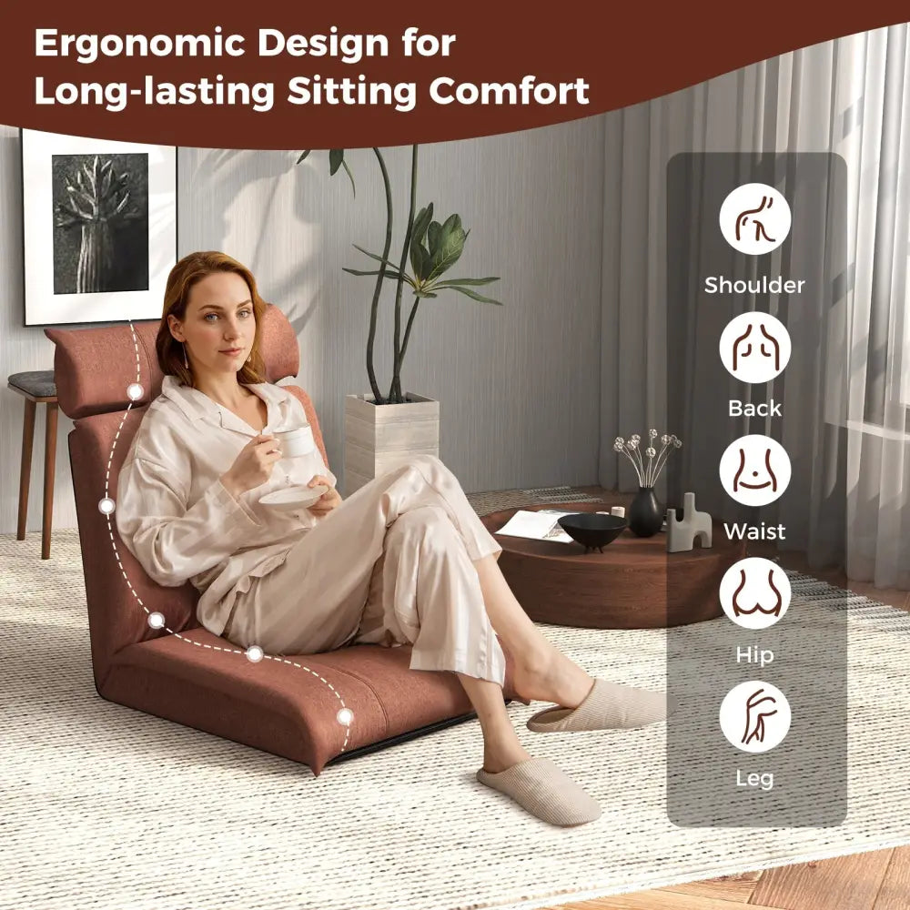 Folding Floor Chair with 14-Poistion Adjustable Backrest and 5-Position Adjustable Headrest-Brown - Brown - Floor Chairs
