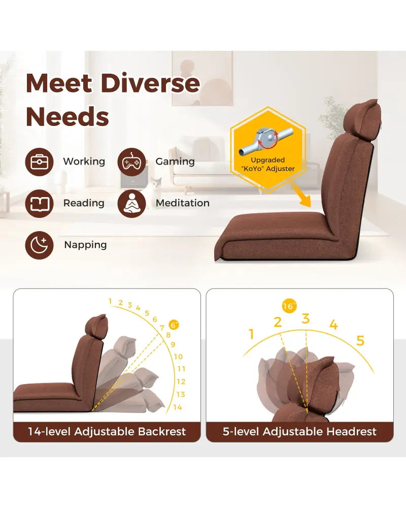 Folding Floor Chair with 14-Poistion Adjustable Backrest and 5-Position Adjustable Headrest-Brown - Brown - Floor Chairs