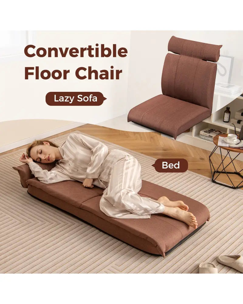Folding Floor Chair with 14-Poistion Adjustable Backrest and 5-Position Adjustable Headrest-Brown - Brown - Floor Chairs