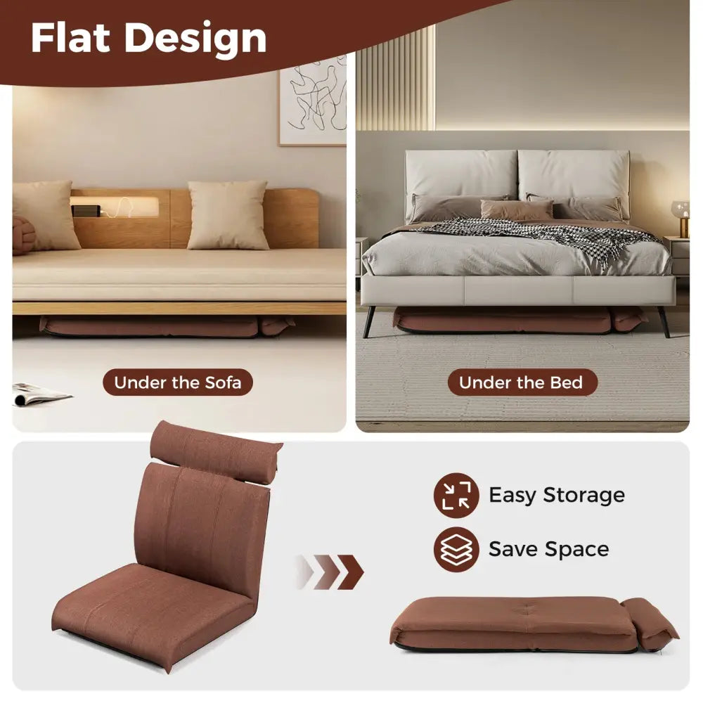 Folding Floor Chair with 14-Poistion Adjustable Backrest and 5-Position Adjustable Headrest-Brown - Brown - Floor Chairs