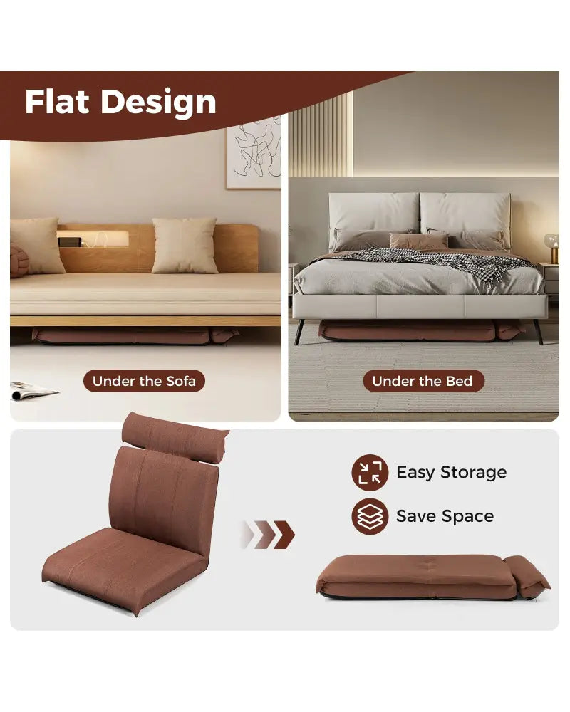 Folding Floor Chair with 14-Poistion Adjustable Backrest and 5-Position Adjustable Headrest-Brown - Brown - Floor Chairs